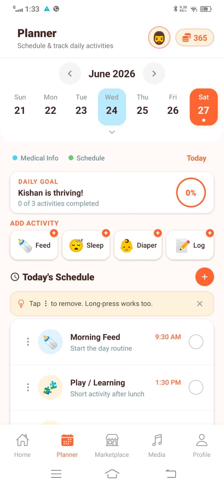 Daily planner screen